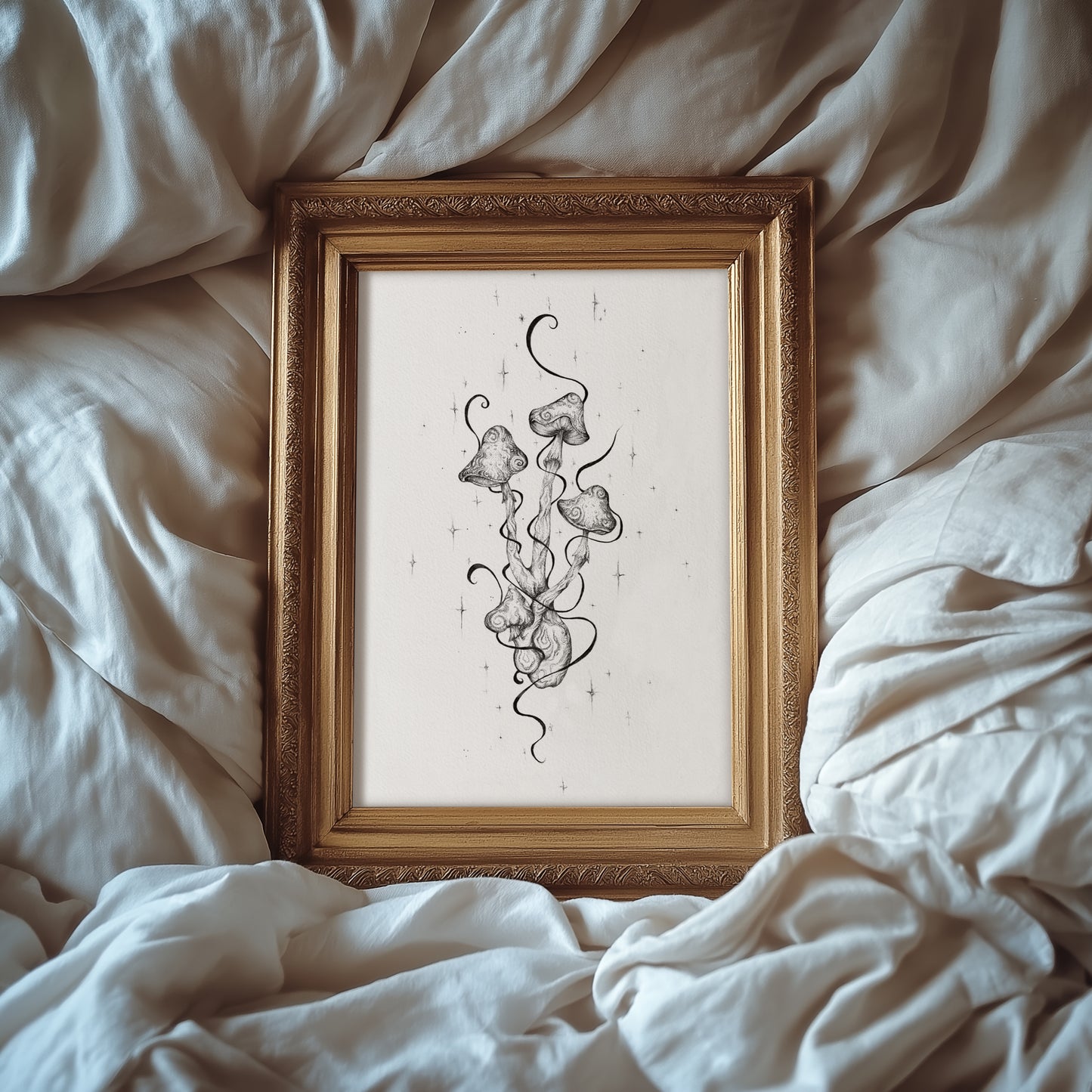 Psychedelic black and white art print titled ‘Hollow’s Bloom’ featuring intricately drawn withy mushrooms with surreal, twisting stems and abstract organic forms. A hallucinatory, fine line illustration with a dreamlike, otherworldly atmosphere—perfect for psychedelic, surrealist, or nature-inspired decor.