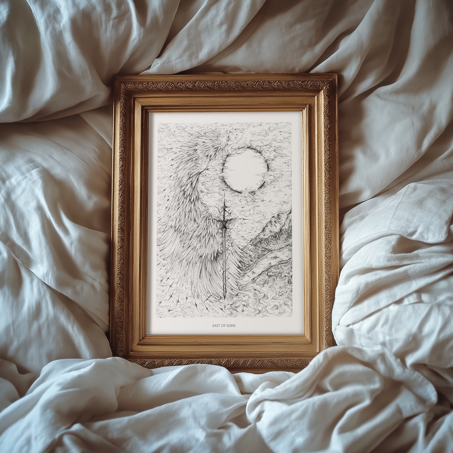 Highly detailed black and white fantasy illustration of a vertical sword entwined with wings, dividing a surreal sky, sun, and mountainous landscape. Hand-drawn in fine ink lines, evoking mythic and celestial themes with gothic and ethereal elements.