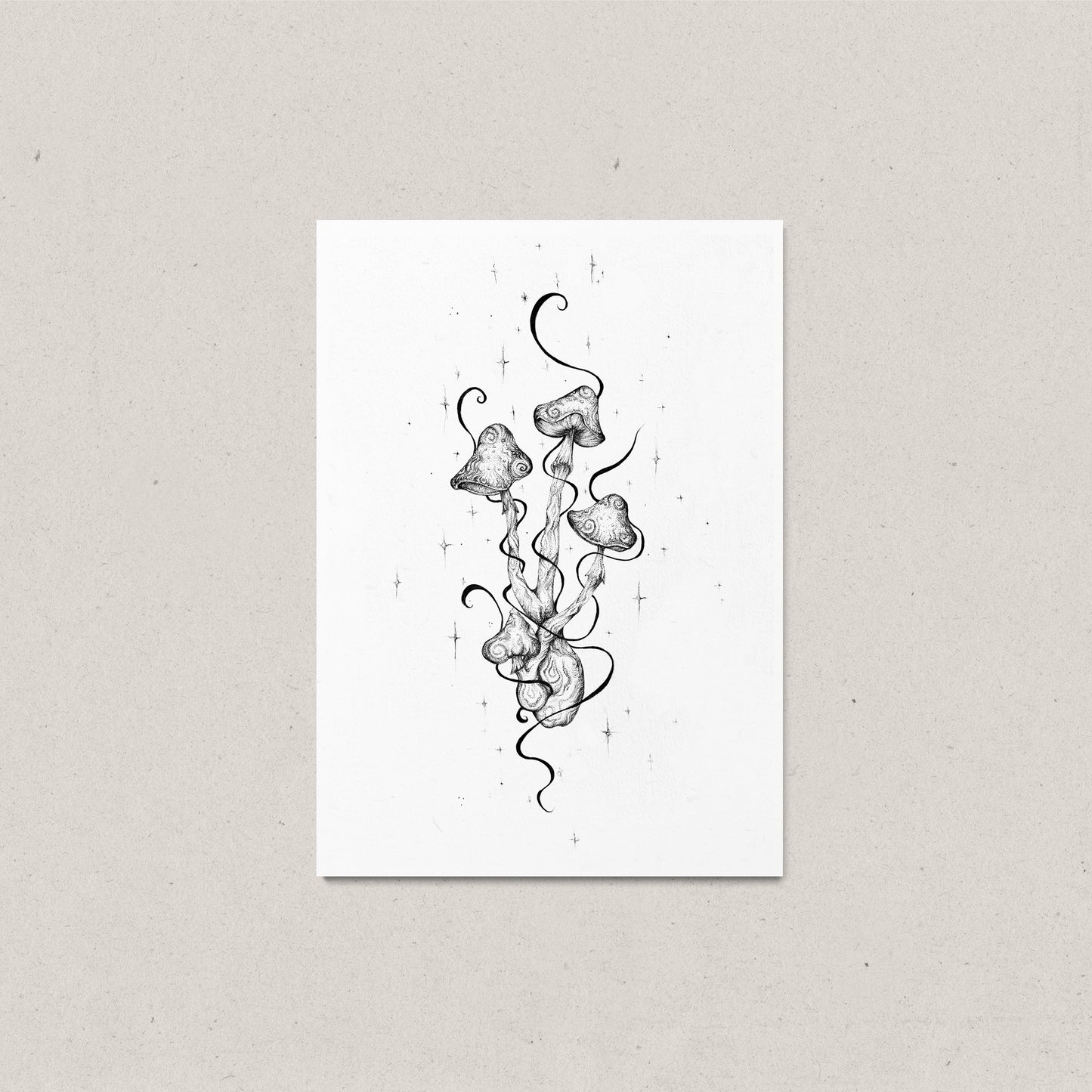 Psychedelic black and white art print titled ‘Hollow’s Bloom’ featuring intricately drawn withy mushrooms with surreal, twisting stems and abstract organic forms. A hallucinatory, fine line illustration with a dreamlike, otherworldly atmosphere—perfect for psychedelic, surrealist, or nature-inspired decor.