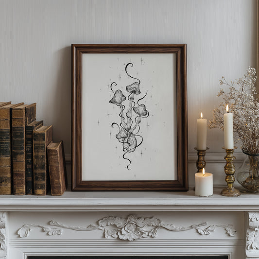 Psychedelic black and white art print titled ‘Hollow’s Bloom’ featuring intricately drawn withy mushrooms with surreal, twisting stems and abstract organic forms. A hallucinatory, fine line illustration with a dreamlike, otherworldly atmosphere—perfect for psychedelic, surrealist, or nature-inspired decor.