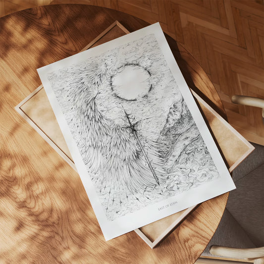 Highly detailed black and white fantasy illustration of a vertical sword entwined with wings, dividing a surreal sky, sun, and mountainous landscape. Hand-drawn in fine ink lines, evoking mythic and celestial themes with gothic and ethereal elements.